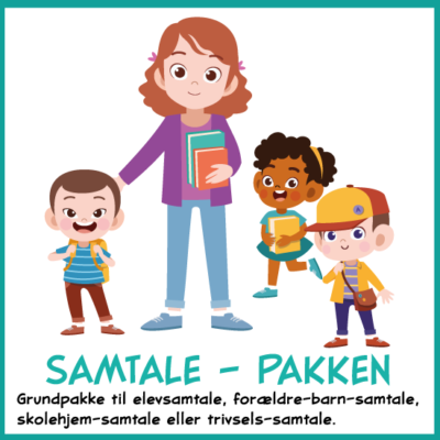 Billede af en lærer og tre børn der bruger samtale-pakken til at engagere børn i meningsfulde samtaler om trivsel