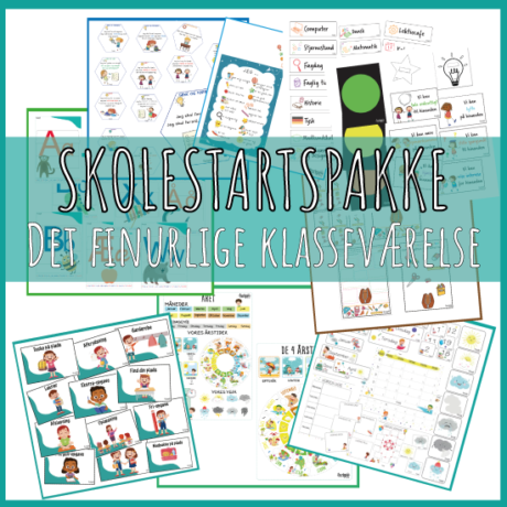 Billede af klasseværelse med de 10 finurlige materialer klar til legende læring og skolestart forberedelse.