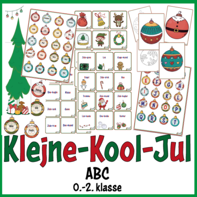 KlejneKoolJul - Pakke: ABC KlejneKoolJul er 3 forskellige pakker med hver sit fokusområde: LÆS, ORD eller ABC. Pakkerne henvender sig til både indskoling og mellemtrin. Alle pakker indeholder en stor bunke finurlige materialer, der gør det muligt at arbejde med, træne og lege med det valgte fokus – og i hver pakke er der en udførlig lærervejledning, der giver konkrete forslag til, hvordan man kan arbejde med de forskellige materialer.