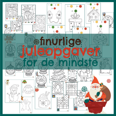 finurlige juleopgaver for de små 36 blandede farvelæg-juleopgaver for de små: stregtegning, farvelæg efter talrække, farvelæg efter nummer, julemotiver og snekugler.