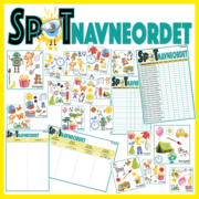 Billed af Finurligt Spotteri spilkort med fokus på navneord, der bruges til legende læring og sjov med børn og voksne.