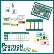 Billede af Positionspladsen brætspil, der træner positionssystemet med penge, huse og udfordringer.