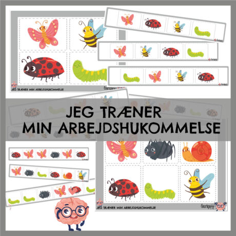 Leg med og træn dit barns arbejdshukommelse med vores sekvenstræning – Insekter. Denne pakke er både til de mindste, førskolebarnet og indskolingsbarnet, hvor I kan lege med at huske 4-6 sekvenser.