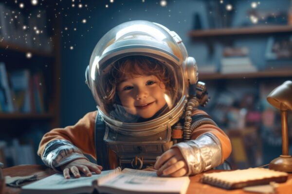 Barn-i-rumdragt-med-hjelm-svaevende-gennem-klassevaerelse-studerer-astronomi-smuk