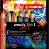 Farveblyant, vandfarve og farvekridt - Woody 3-i-1 - ARTY - pakke med 6 forskellige farver og blyantspidser
