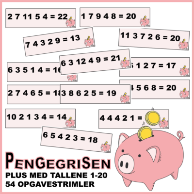 PENGEGRISEN – Plus med tallene 1-20 – Regnestykker med addition/plus