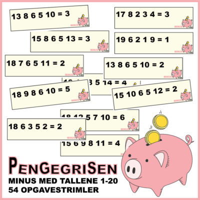 PENGEGRISEN – Minus med tallene 1-20 – Regnestykker med subtraktion/minus