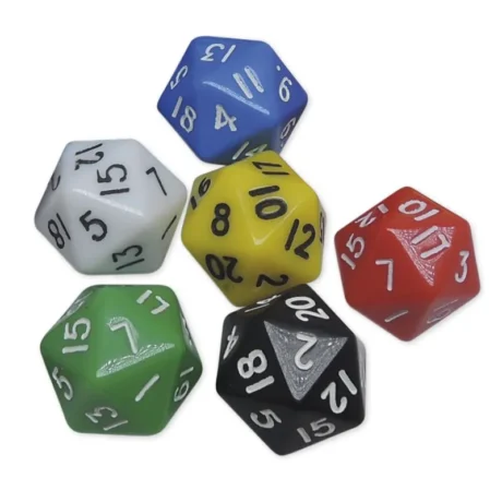 Farvede tyvesidede terninger med tallene 1-20 - 6 stk.