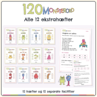 Forside til 120 MONSTERORD - Alle 12 ekstrahæfter. De tolv hæfteforsider står samlet med hvert sit monster og sine ti ord, og ved siden af ligger læsesiden Mogens er sulten og en facitside. Nederst står 12 hæfter og 12 separate facitfiler.