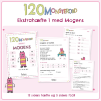 Forside til ekstrahæfte 1 i 120 MONSTERORD. Det lyserøde firkantede monster står med sine ti øveord omkring sig: at, da, på, en, du, og, et, nu, få, må. Bagved ligger fire sider fra hæftet, blandt dem læseteksten Mogens er sulten og facitsiden. Nederst står 12 siders hæfte og 5 siders facit.