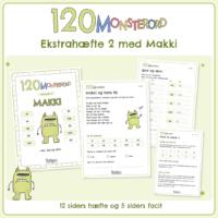 Forside til ekstrahæfte 2 i 120 MONSTERORD. Det grønne firkantede monster står med sine ti øveord omkring sig: vi, se, er, så, ud, år, op, os, om, af. Bagved ligger fire sider fra hæftet, blandt dem læseteksten Makki og hans fly og facitsiden. Nederst står 12 siders hæfte og 5 siders facit.