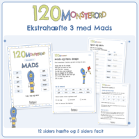 Forside til ekstrahæfte 3 i 120 MONSTERORD. Det blå aflange monster står med sine ti øveord omkring sig: jo, de, alt, fin, fri, gik, hun, han, man, kan. Bagved ligger fire sider fra hæftet, blandt dem læseteksten Mads og hans drage og facitsiden. Nederst står 12 siders hæfte og 5 siders facit.
