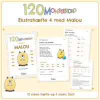 Forside til ekstrahæfte 4 i 120 MONSTERORD. Det gule runde monster står med sine ti øveord omkring sig: små, mon, sin, min, løb, ham, har, fra, far, var. Bagved ligger fire sider fra hæftet, blandt dem læseteksten Malou og bolden og facitsiden. Nederst står 12 siders hæfte og 5 siders facit.