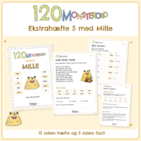 Forside til ekstrahæfte 5 i 120 MONSTERORD. Det gule lodne monster står med sine ti øveord omkring sig: hen, fik, vil, der, nok, her, mod, kom, som, til. Bagved ligger fire sider fra hæftet, blandt dem læseteksten Mille laver musik og facitsiden. Nederst står 12 siders hæfte og 5 siders facit.