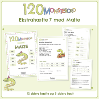 Forside til ekstrahæfte 7 i 120 MONSTERORD. Det grønne slangemonster står med sine ti øveord omkring sig: den, med, når, det, dog, ind, nej, dag, dig, mig. Bagved ligger fire sider fra hæftet, blandt dem læseteksten Maltes kassetog og facitsiden. Nederst står 12 siders hæfte og 5 siders facit.