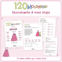 Forside til ekstrahæfte 8 i 120 MONSTERORD. Det lyserøde lodne monster står med sine ti øveord omkring sig: jeg, sig, blev, skal, hans, hele, have, mere, igen, sine. Bagved ligger fire sider fra hæftet, blandt dem læseteksten Maja maler og facitsiden. Nederst står 12 siders hæfte og 5 siders facit.