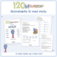 Forside til ekstrahæfte 10 i 120 MONSTERORD. Det blå monster med ét øje står med sine ti øveord omkring sig: hvis, hjem, hver, hvor, lang, selv, også, godt, ville, lille. Bagved ligger fire sider fra hæftet, blandt dem læseteksten Molly går hjem og facitsiden. Nederst står 12 siders hæfte og 5 siders facit.