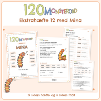 Forside til ekstrahæfte 12 i 120 MONSTERORD. Den orangestribede larve står med sine ti øveord omkring sig: noget, havde, deres, sidste, efter, eller, sagde, mange, under, meget. Bagved ligger fire sider fra hæftet, blandt dem læseteksten Mina samler nødder og facitsiden. Nederst står 12 siders hæfte og 5 siders facit.