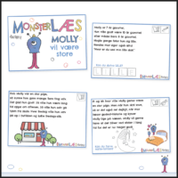 Fire opslag fra MonsterLÆS-bogen Molly vil være store med forsiden og tre sider med tegne- og skriveopgaver
