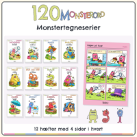 Forside til 120 MONSTERORD - Monstertegneserier. De tolv tegneseriers forsider står side om side, og ved siden af ligger et opslag fra Kagen på flugt med seks ruder. Nederst står 12 hæfter med 4 sider i hvert.
