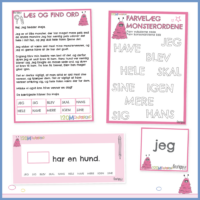 Fire sider fra ordpakken med Maja i 120 MONSTERORD: brevet Læs og find ord, hvor det lyserøde lodne monster fortæller om sig selv og de ti øveord står i en tabel nederst, opgavesiden Farvelæg monsterordene, hvor vokalerne farves røde og konsonanterne blå, en sætningsstrimmel med et hul (___ har en hund.) og et stort ordkort med ordet jeg.