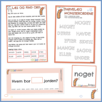 Fire sider fra ordpakken med Mina i 120 MONSTERORD: brevet Læs og find ord, hvor den orangestribede larve fortæller om sig selv og de ti øveord står i en tabel nederst, opgavesiden Farvelæg monsterordene, hvor vokalerne farves røde og konsonanterne blå, en sætningsstrimmel med et hul (Hvem bor ___ jorden?) og et stort ordkort med ordet noget.