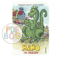 Forside til PDF-bogen Mino og dragen med en stor grøn drage, der sidder på en græsskrænt, mens en lille dreng står på dens klo