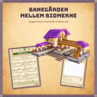 Forside til byggemissionen banegården mellem biomerne med en banegård med lilla tag, perroner og spor