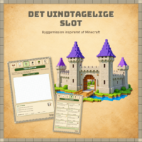 Forside til byggemissionen det uindtagelige slot med et stenslot med lilla tårnspir og port