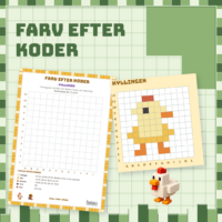 Forside til Farv efter koder med et tomt gitter og den færdigfarvede kylling ved siden af