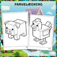 Stregtegninger af en gris og en høne med store flader at farve