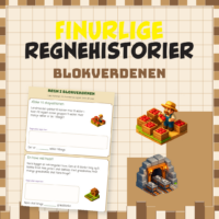 Forside til Finurlige Regnehistorier med to opgaveark om æbler i kasser og en have af græsblokke