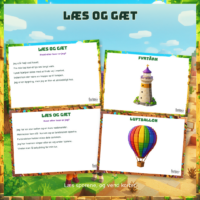 Kort med ledetråde ved siden af billedsiderne med fyrtårn og luftballon