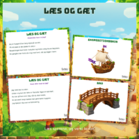 Kort med ledetråde og billedsider med et ekspeditionsskib og en bro