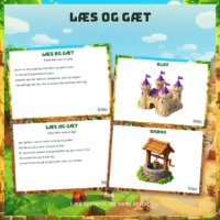Kort med ledetråde og billedsider med et slot og en brønd