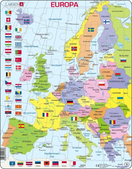 Larsen puslespil med Europakort og landenes flag, dansk udgave