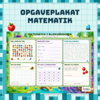 Forside til opgaveplakaten med seks matematikfelter på en liggende plakat i et grønt blokunivers