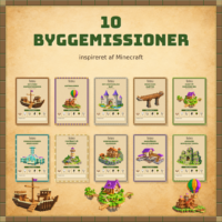 Forsiden til ti byggemissioner med missionskort og modeller af skib, slot og tempel