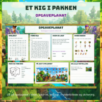 Opgaveplakat i A3 med ordjagt, labyrint, mylderbillede og skriveopgave