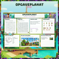 Opgaveplakaten med ordjagt, labyrint, mylderbillede og skriveopgave