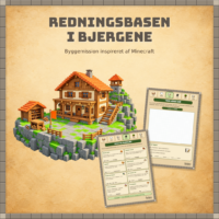 Forside til byggemissionen redningsbasen i bjergene med en træhytte med altaner på en bjergskråning
