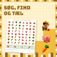 Forside til Søg, find og tæl med et mylderark fra gården, hvor dyr og gulerødder skal tælles