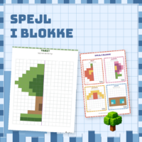 Forside til Spejl i blokke med et træ, der skal spejles, og et ark med fire mindre opgaver