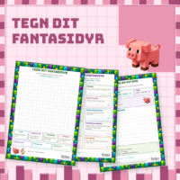 Forside til Tegn dit fantasidyr med et tomt ternet tegneark og to regneark ved siden af