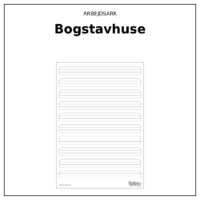 Produktforside til Arbejdsark - Bogstavhuse. Øverst står ARBEJDSARK med navnet Bogstavhuse i fed nedenunder. Under teksten ses selve arket: et ark med ti brede skrivehuse med loft, stue og kælder, med en enkel ramme om og en diskret fod med papirtypen og finurlige fifs logo.