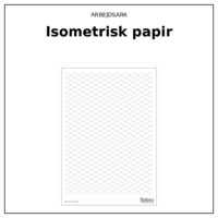 Produktforside til Arbejdsark - Isometrisk papir. Øverst står ARBEJDSARK med navnet Isometrisk papir i fed nedenunder. Under teksten ses selve arket: et ark med skrå linjer i to retninger, der danner romber, med en enkel ramme om og en diskret fod med papirtypen og finurlige fifs logo.