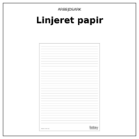 Produktforside til Arbejdsark - Linjeret papir. Øverst står ARBEJDSARK med navnet Linjeret papir i fed nedenunder. Under teksten ses selve arket: et ark med 32 vandrette skrivelinjer tæt under hinanden, med en enkel ramme om og en diskret fod med papirtypen og finurlige fifs logo.
