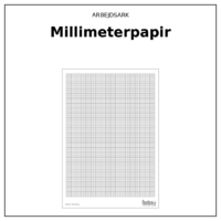 Produktforside til Arbejdsark - Millimeterpapir. Øverst står ARBEJDSARK med navnet Millimeterpapir i fed nedenunder. Under teksten ses selve arket: et ark med et meget fint net, hvor hver femte og tiende linje er kraftigere, med en enkel ramme om og en diskret fod med papirtypen og finurlige fifs logo.