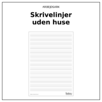Produktforside til Arbejdsark - Skrivelinjer uden huse. Øverst står ARBEJDSARK med navnet Skrivelinjer uden huse i fed nedenunder. Under teksten ses selve arket: et ark med fjorten rækker af fire tynde hjælpelinjer, med en enkel ramme om og en diskret fod med papirtypen og finurlige fifs logo.
