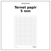 Produktforside til Arbejdsark - Ternet papir 5 mm. Øverst står ARBEJDSARK med navnet Ternet papir 5 mm i fed nedenunder. Under teksten ses selve arket: et ark med et fint ternet net, med en enkel ramme om og en diskret fod med papirtypen og finurlige fifs logo.